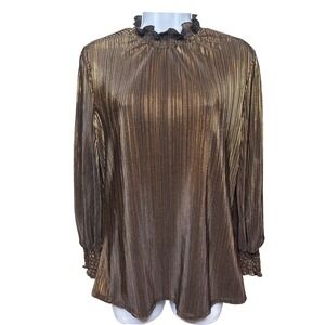 ALEX & PARKER Gold Metallic Pleated Blouse M Smocked High Neck‎ Disco-Glam Retro